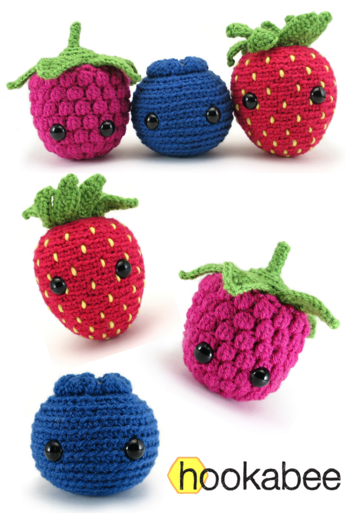Amigurumi Berry patterns (raspberry, blueberry, strawberry) by @hookabee