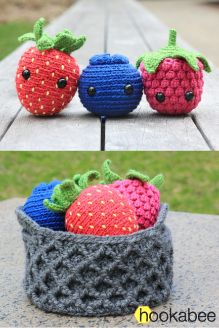 Amigurumi Berry patterns (raspberry, blueberry, strawberry) by @hookabee